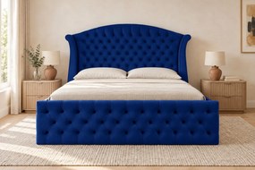 Pat tapițat Chesterfield din catifea Sorella Simple 140×200 cm, bleumarin, cu ladă de depozitare