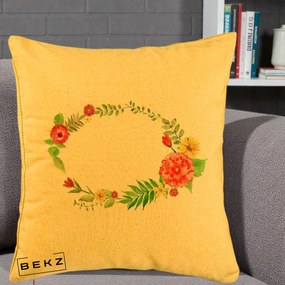 Perna Decorativa Coroana Florala Acuarela, 40x40 cm, Galben, Husa Detasabila, Perna Inclusa, BEKZ®