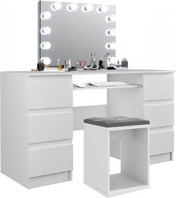 Masuta machiaj cu Oglinda LED si 6 Sertare pentru Cosmetice, Set Masa toaleta 130 cm, Alb, masuta cosmetica, vanity - SEA535