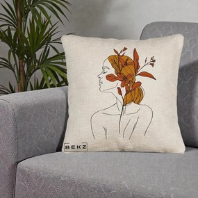 Perna Decorativa Portret Feminin Crin Ruginiu Auriu, 40x40 cm, Bej Canapea, Husa Detasabila, Perna Inclusa, BEKZ®