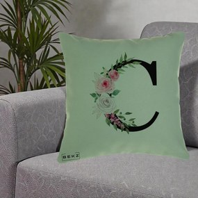 Cadou Personalizat - Perna Personalizata Monograma Florala Litera C, 40x40 cm, Verde, Husa Detasabila, Perna Inclusa, BEKZ®