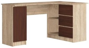 Birou calculator pe colt, placa laminata, 3 sertare, 4 rafturi, stejar si wenge, 155x85x77 cm