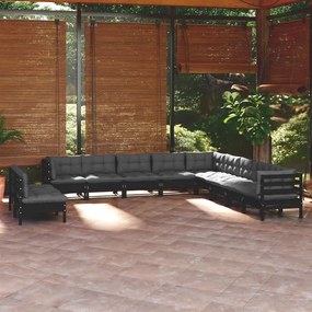 3096855 vidaXL Set mobilier grădină cu perne, 11 piese, negru, lemn masiv pin