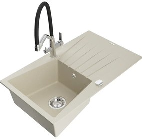 Mexen Cesar chiuvetă de granit cu un compartiment, cu picurător și baterie de bucătărie Duo, Bej - 6514-69-671701-07