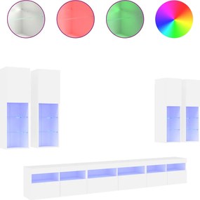vidaXL Set comode TV de perete, 7 piese, cu lumini LED, alb