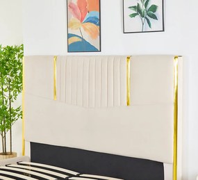 Pat Tapitat din Catifea Bej cu Somiera si Saltea ,   160x200 cm, Cod LB-215