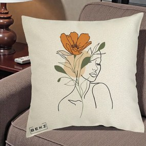 Perna Decorativa Portret Feminin Floare Portocalie, 40x40 cm, Ecru, Husa Detasabila, Perna Inclusa, BEKZ®