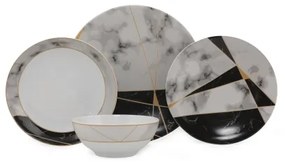 Set de masă, 24 piese, porțelan, negru/alb/auriu
