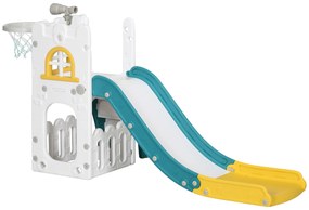 AIYAPLAY Toboggan pentru copii 4 în 1 cu coș de baschet, escaladă, telescop, coș de depozitare, alb și verde | Aosom Romania
