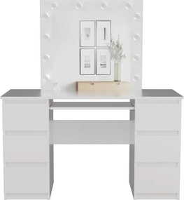 Masuta machiaj cu Oglinda LED si 6 Sertare pentru Cosmetice, Set Masa toaleta 130 cm, Alb, masuta cosmetica, vanity - SEA542