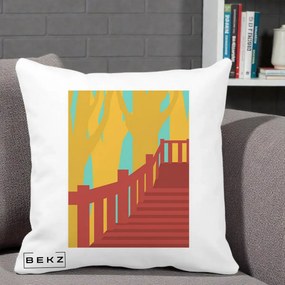 Perna Decorativa Scari Toamna Peisaj Grafic, 40x40 cm, Alba Mata, Husa Detasabila, Perna Inclusa, BEKZ®