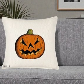 Perna Decorativa Halloween Dovleac Portocaliu Clasic, 40x40 cm, Crem Reliefat, Husa Detasabila, Perna Inclusa, BEKZ®