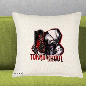 Perna Personalizata Tokyo Ghoul Ken Kaneki Anime, 40x40 cm, Crem Reliefat, Husa Detasabila, Perna Inclusa, BEKZ®
