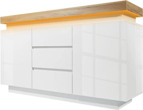 Comodă sideboard cu 2 uși și 3 sertare, iluminare LED, 140x39x81 cm, Alb