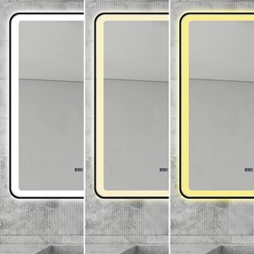 Oglindă Baie LED și Dezaburire Elit's Premium cu Senzor Touch, Lumina Rece, Caldă și Neutră, 75x90cm, cu rama Negru Antichizat, Ceas