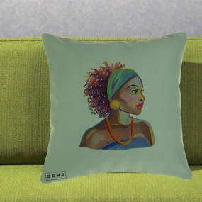 Perna Decorativa Portret Femeie Urbana Acuarela, 40x40 cm, Verde, Husa Detasabila, Perna Inclusa, BEKZ®