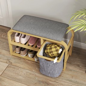 HOMCOM Bancă pentru Pantofi din Bambus cu 2 Rafturi și Coș Detașabil, 70x30x45 cm, Lemn | Aosom Romania