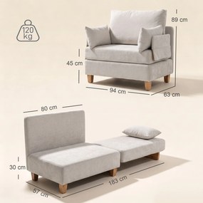 HOMCOM Fotoliu Pat 2 în 1 pentru O Persoană, Pliabil, cu 2 Perne, Economisire Spațiu, Țesătură Efect In și Catifea, Crem | Aosom Romania