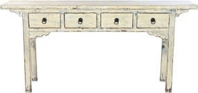 Consolă hol vintage din lemn de ulm, crem, cu 4 sertare, mânere cu inel și colțare decupate, 85 x 178 x 38 cm, „Harmony”