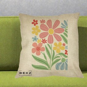 Perna Decorativa Flori Grafice Roz Pastel, 40x40 cm, Crem, Husa Detasabila, Perna Inclusa, BEKZ®