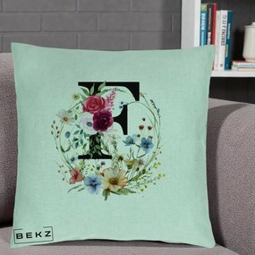 Cadou Personalizat - Perna Personalizata Monogram Litera F cu Flori Acuarela, 40x40 cm, Verde Menta, Husa Detasabila, Perna Inclusa, BEKZ®
