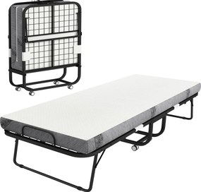 HOMCOM Pat Pliabil Single 90x200 cm cu Saltea de 10 cm Grosime, Cadru din Metal și Roți cu Frână, Negru | Aosom Romania