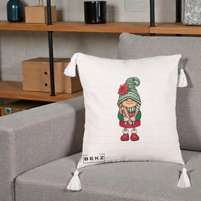 Perna Decorativa Gnom Craciun Verde cu Bomboane si Floare, 40x40 cm, Bej cu Franjuri, Husa Detasabila, Perna Inclusa, BEKZ®