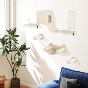 PawHut Set de Catarare pentru Pisici de Perete 6 Piese cu Condominiu Platformă Hamac Scări și Placă de Zgâriat Bej | Aosom Romania