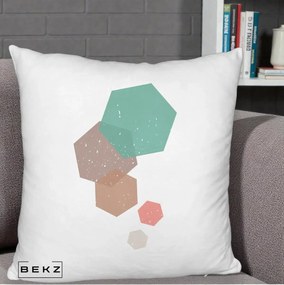 Perna Decorativa Geometric Hexagoane Pastel, 40x40 cm, Alb Pufos, Husa Detasabila, Perna Inclusa, BEKZ®
