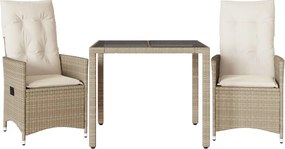 vidaXL Set bistro cu perne, 3 piese, bej, poliratan