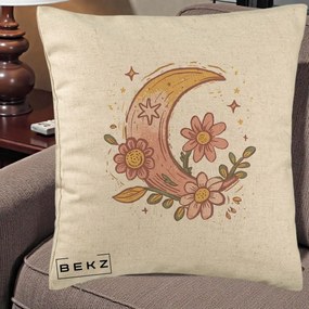 Perna Decorativa Luna Florala Boho, 40x40 cm, Bej, Husa Detasabila, Perna Inclusa, BEKZ®