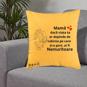 Cadou pentru Mama - Perna Personalizata Mama Nemuritoare Portret Graphic, 40x40 cm, Galben, Husa Detasabila, Perna Inclusa, BEKZ®