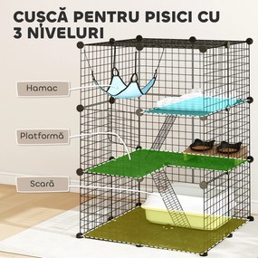 PawHut Cușcă pentru Pisici 105 cm de Interior, Recinto din Oțel cu 3 Uși, Design Personalizabil DIY pentru Pisoi, Spațiu pe 3 Niveluri cu Scări, Hamac și Platformă, Negru | Aosom Romania