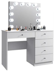 SEA533 - Set Masa toaleta, 110 cm, cu manere tip Cristal, masuta cosmetica machiaj, vanity cu sau fara scaun, oglinda cu LED-uri - Alb