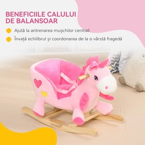 HOMCOM Cal Balansoar, Unicorn Balansoar din Pluș cu Bază din Lemn și Centură de Siguranță pentru Copii, 65x35x45 cm, Roz | Aosom Romania