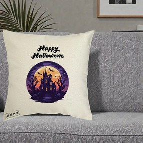 Perna Decorativa Happy Halloween Casa Bantuita Violet, 40x40 cm, Ecru, Husa Detasabila, Perna Inclusa, BEKZ®