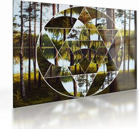 Tablou pe sticlă - Colaj geometric pe fundalul pădurilor nordice (70x50 cm)