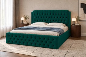 Pat tapițat din catifea Aveline 140×200 cm, verde, cu ladă de depozitare