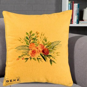 Perna Decorativa Buchet Flori Acuarela Roz-Verde, 40x40 cm, Galben, Husa Detasabila, Perna Inclusa, BEKZ®