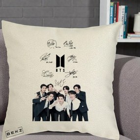 Perna Personalizata K-pop BTS Autografe Toti Membrii cu Fotografie, 40x40 cm, Ecru, Husa Detasabila, Perna Inclusa, BEKZ®