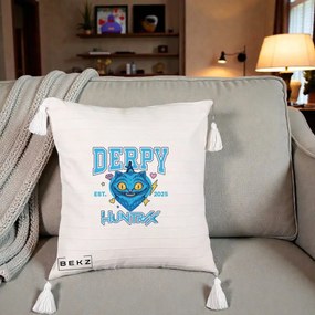 Perna Personalizata K-pop HUNTRX Derpy Pisica Albastra, 40x40 cm, Bej cu Franjuri, Husa Detasabila, Perna Inclusa, BEKZ®
