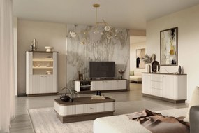 Măsuță de cafea Vesper 103x60 cm cu sertar și mâner auriu - culoare cașmir / nuc