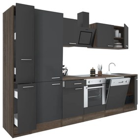 Mobilă de bucătărie Yorki 310, corp stejar Yorki, față antracit satinat cu element cuptor inferior, dulap cu rafturi