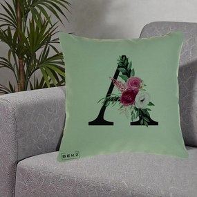 Cadou Personalizat - Perna Personalizata Monograma Florala Litera A, 40x40 cm, Verde, Husa Detasabila, Perna Inclusa, BEKZ®