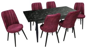 Set masă extensibilă Aris Negru Marmorat cu 6 scaune Apollo Bordo  Picior Negru