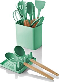 Set 11 ustensile cu suport si cutie C-SLC1301, verde/stejar, plastic/l