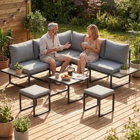 Outsunny Set mobilier grădină exterior 6 persoane modulabil masă de cafea și blaturi laterale din lemn PSPC perne groase 10cm gri | Aosom Romania