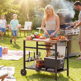 Outsunny Cărucior de grătar cu 2 niveluri Masă auxiliară mobilă pentru grătar cu roți Suport pentru băuturi Cârlige Mâner Negru și Maro | Aosom Romania