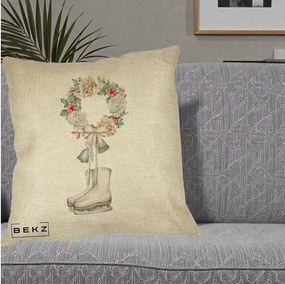 Perna Decorativa Patine cu Coroana Florala de Craciun, 40x40 cm, Crem, Husa Detasabila, Perna Inclusa, BEKZ®