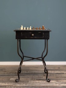 Măsuță laterală vintage înaltă din lemn și metal, negru, cu tablă de șah și sertar, finisaj patinat, 68 x 46 x 46 cm, „Check Mate”
